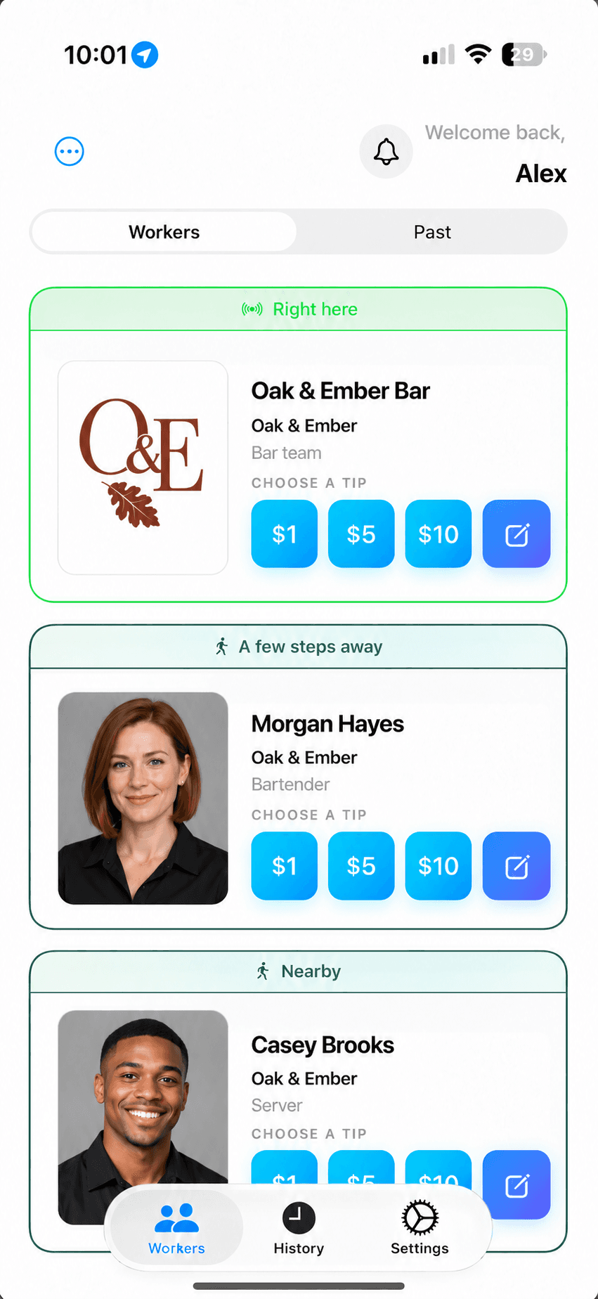 Oak & Ember Bar appears with its custom logo alongside individual bartender Morgan Hayes and server Casey Brooks.
