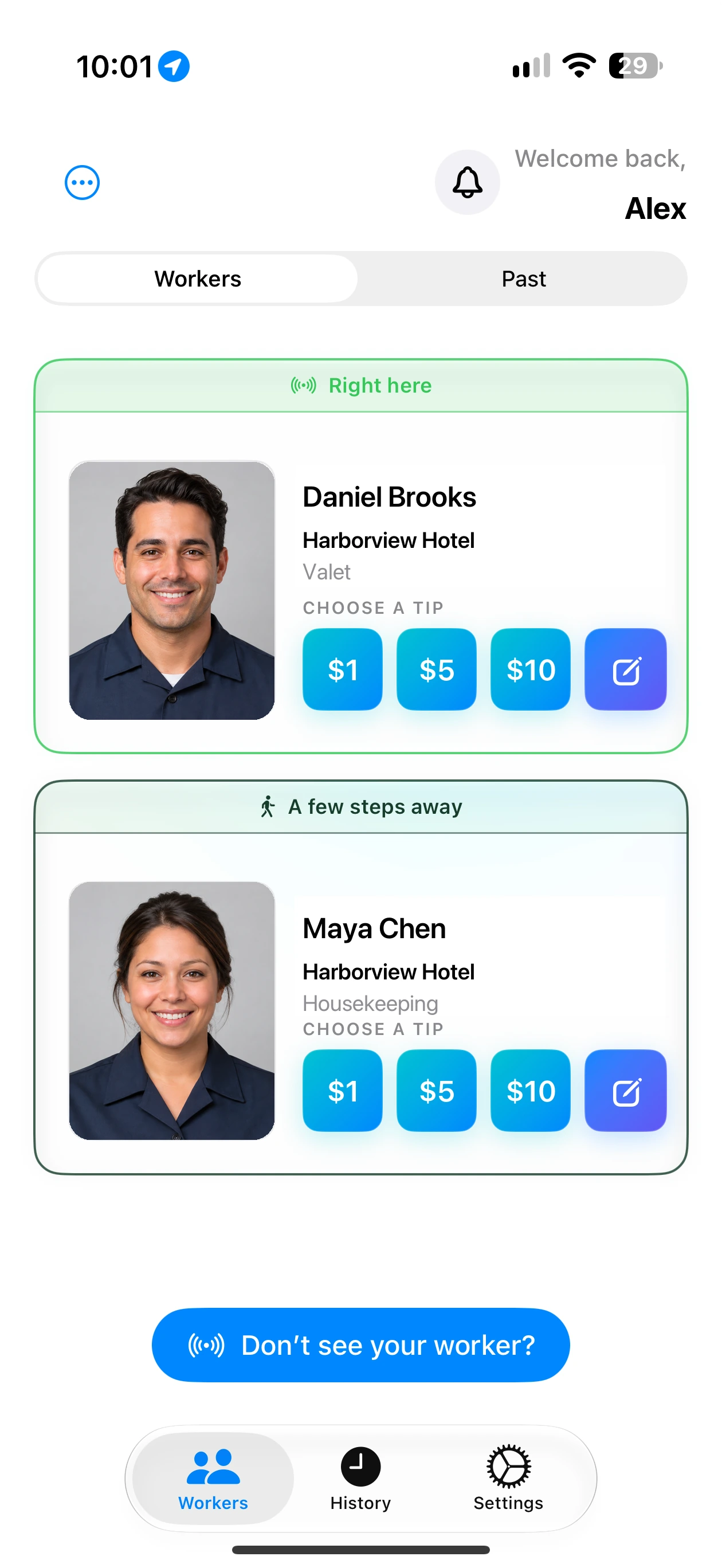 Gratuitease displaying Daniel Brooks and Maya Chen as nearby service professionals